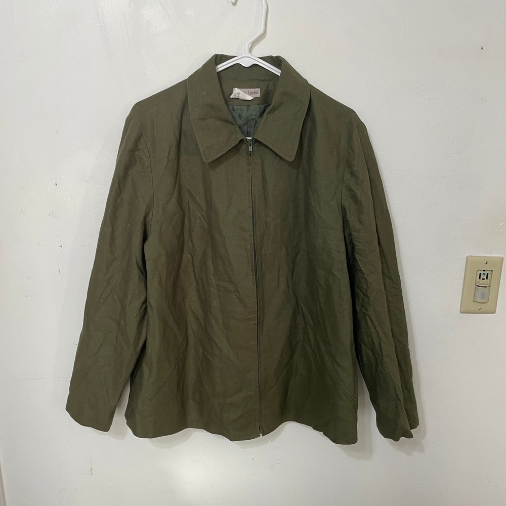 Chelsea Studio Womens 18W Olive Green Linen Cotton Blend‎ Zip Front Jacket